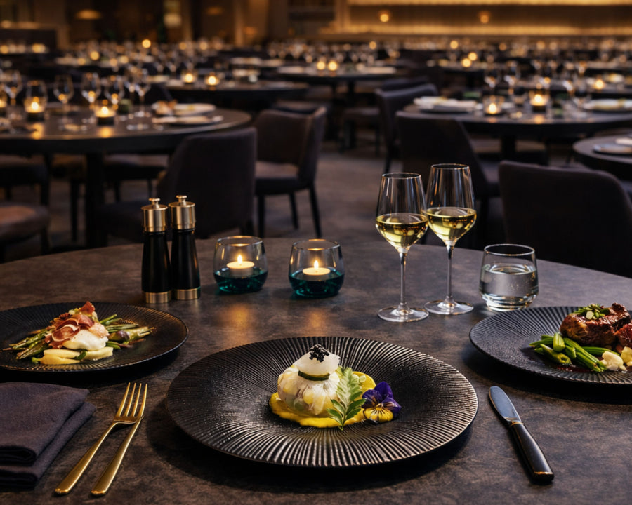 Assiettes noires Maison Deleurde sur une table de restaurant gastronomique
