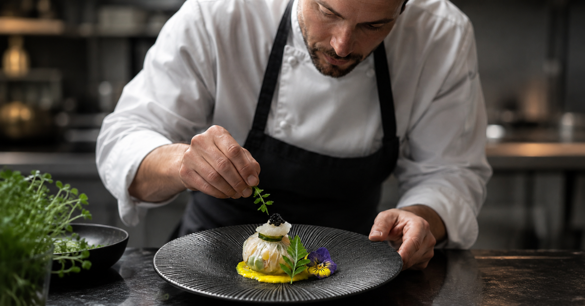 Chef réalisant un dressage gastronomique dans une assiette noire