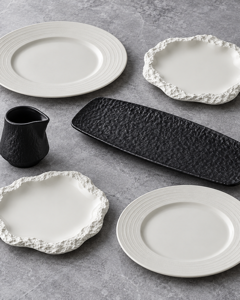Coffret Minéral d’hiver : quatre assiettes blanches aux bords striés ou rocheux, un plat rectangulaire et une saucière noirs.