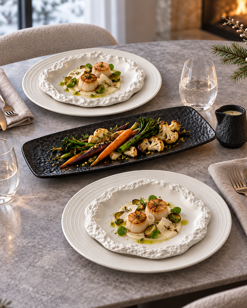 Table hivernale avec assiettes blanches à relief minéral, plat rectangulaire noir de légumes et petite saucière noire.