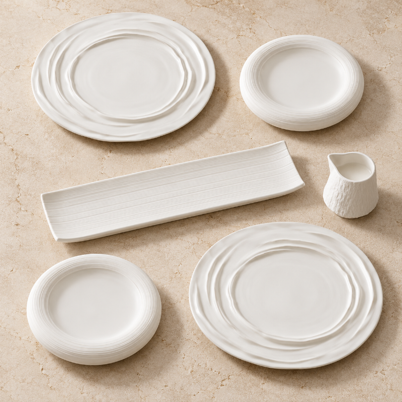 Coffret Blanc de fête : deux grandes assiettes ondulées, deux petites assiettes striées, un plat rectangulaire et une saucière blancs.