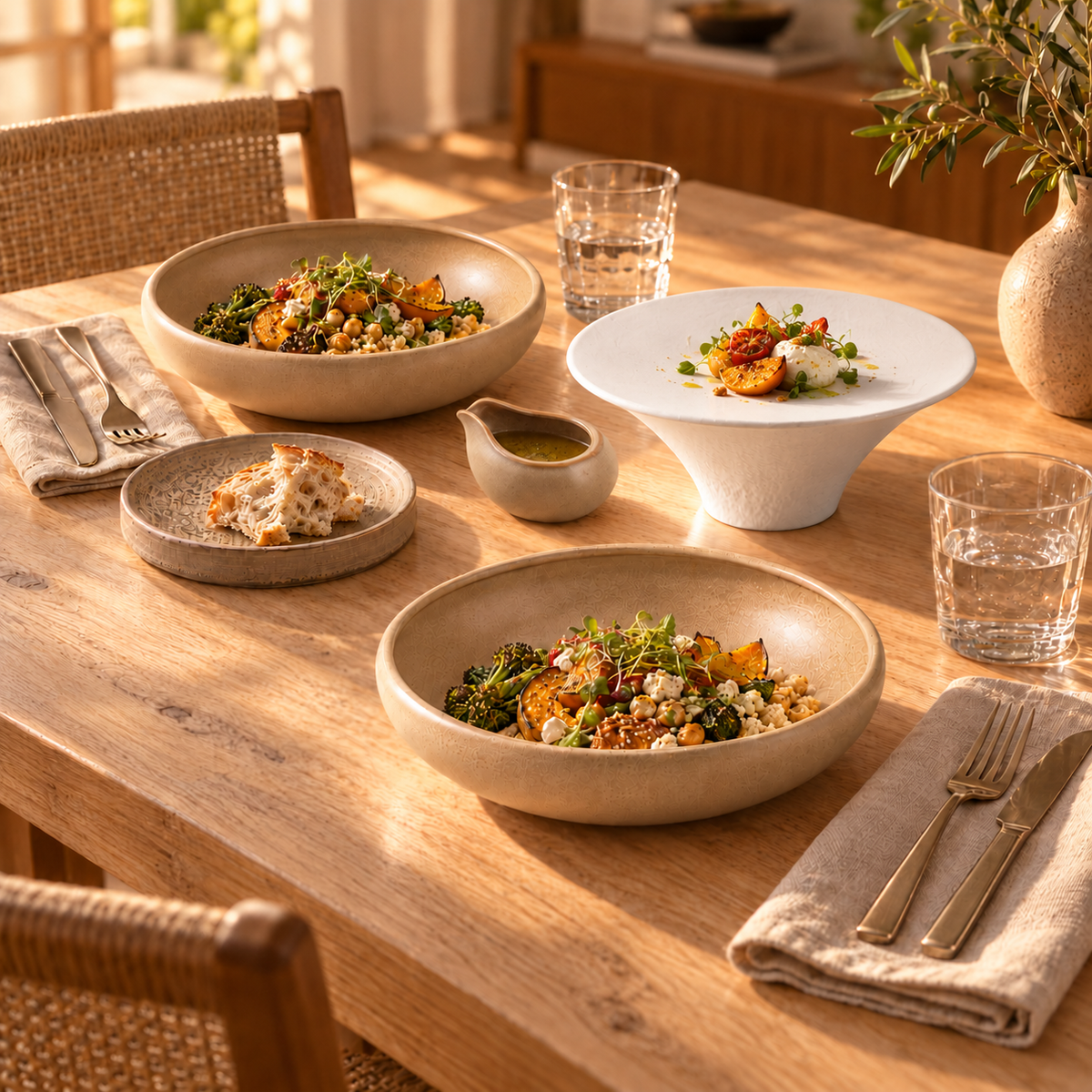 Table en bois avec deux assiettes creuses beiges, une coupe blanche sur pied, une petite assiette et une saucière beige.