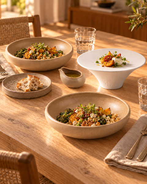 Table en bois avec deux assiettes creuses beiges, une coupe blanche sur pied, une petite assiette et une saucière beige.