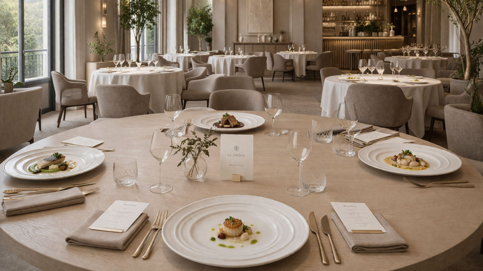 Table d’un restaurant gastronomique dressée avec la vaisselle Maison Deleurde
